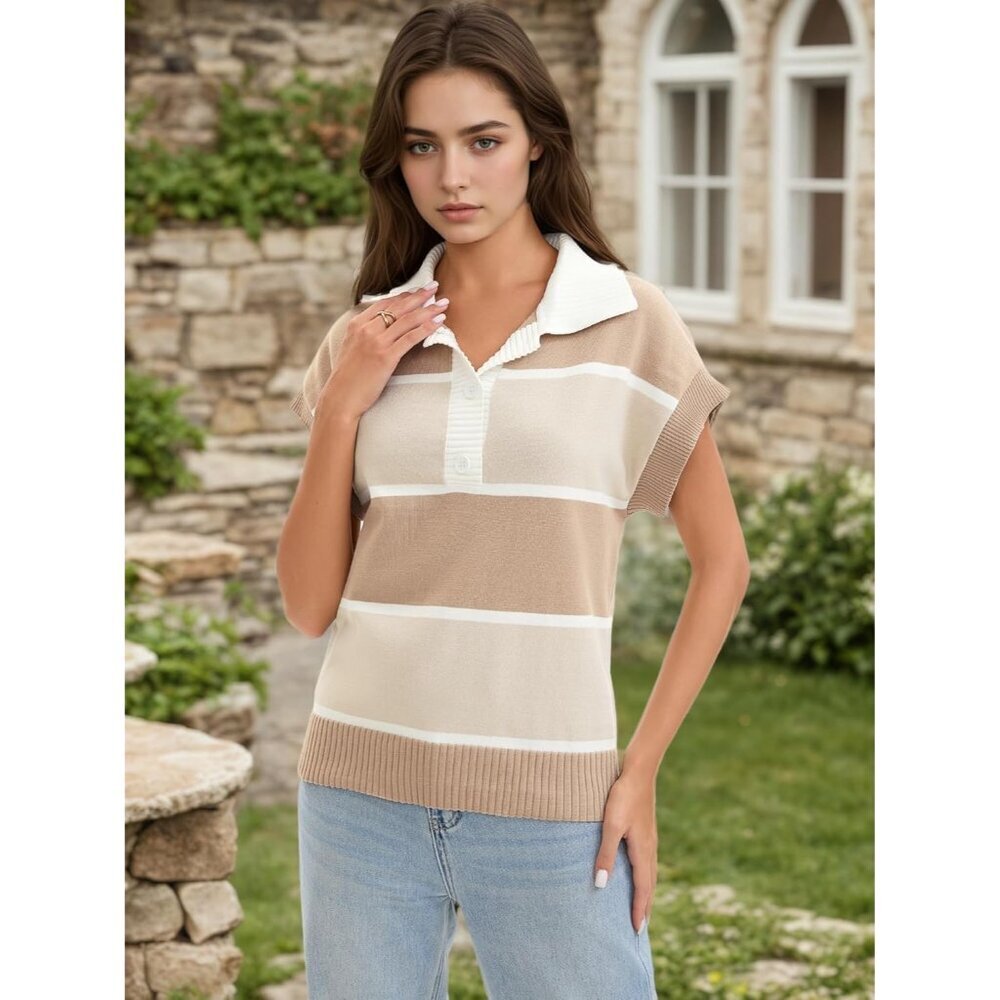 Women's Striped Knit Sweater Vest Polyester V Neck Cap Sleeve Casual - Picture 2 of 6